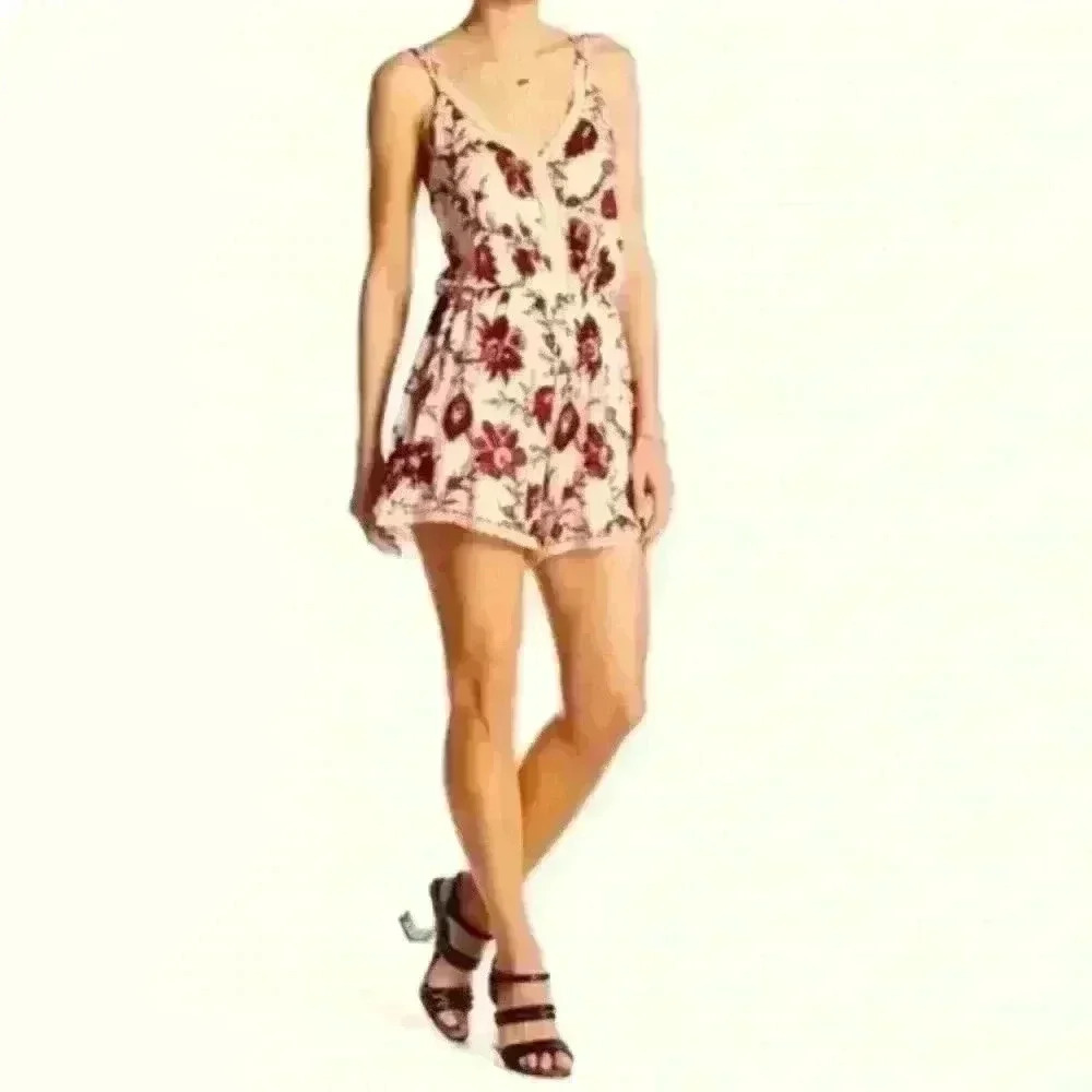 Astr Floral Print Romper - Cream and Red